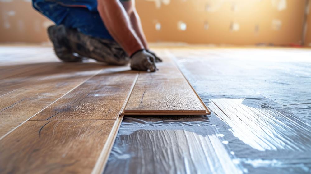 Artisan posant un parquet en bois
